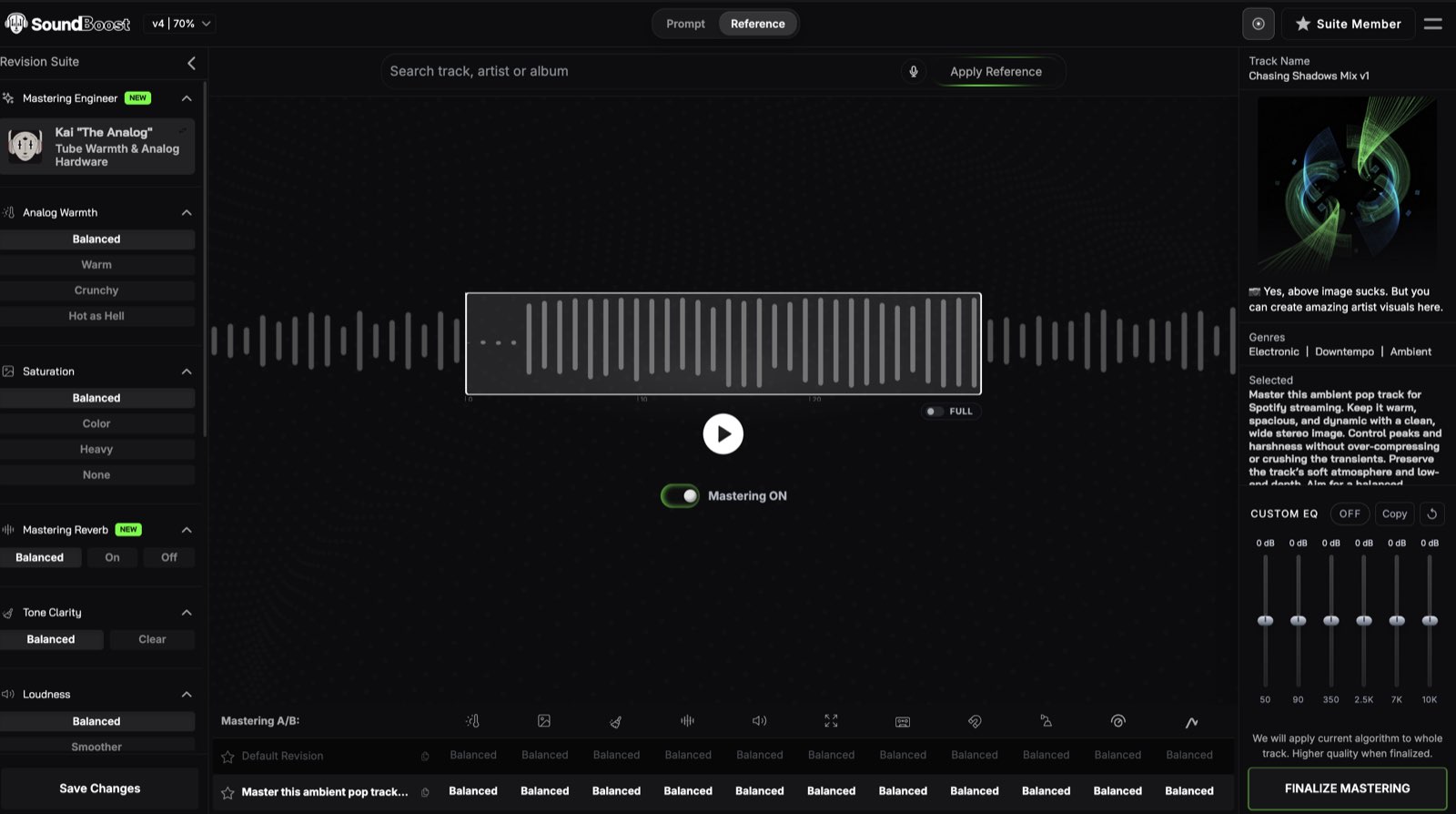 SoundBoost Reference tab with the search field for a track, artist or album and the Apply Reference button
