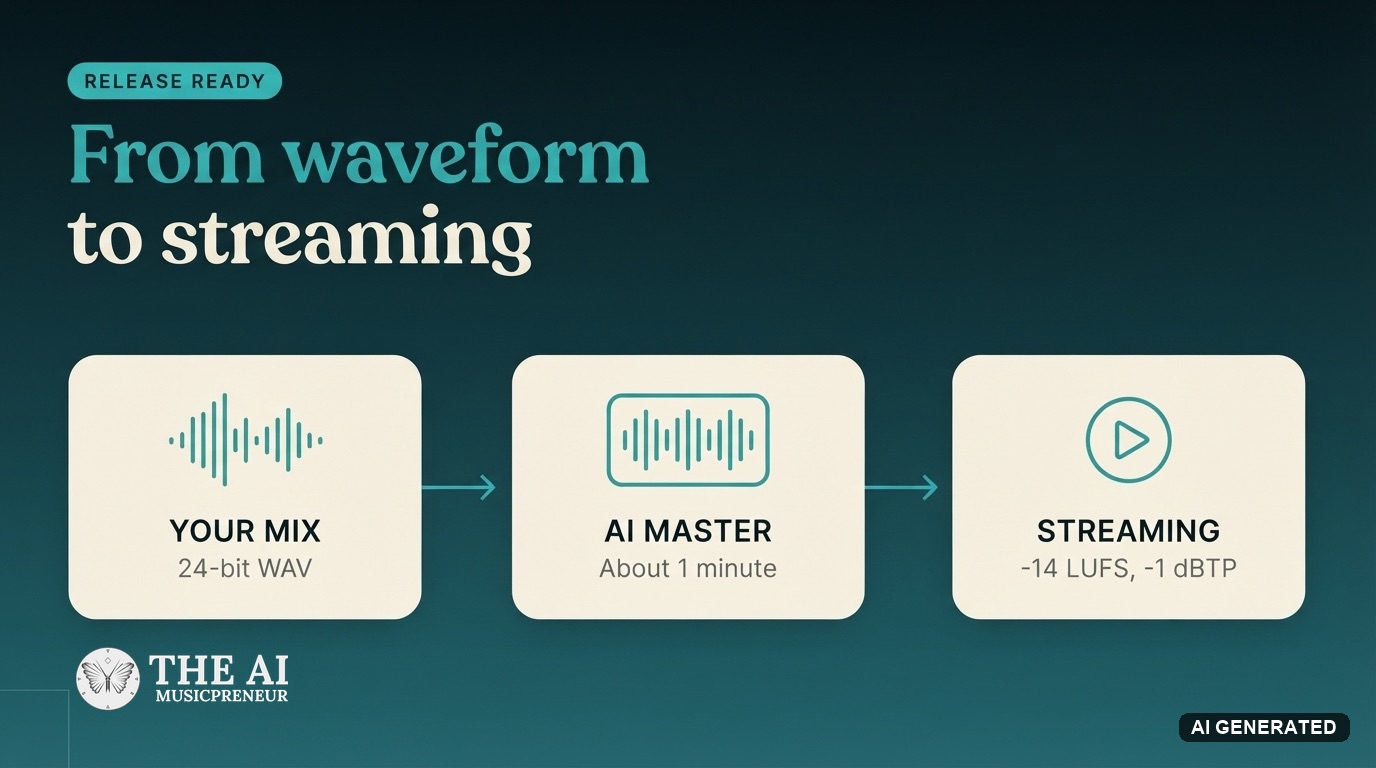 Flow from a 24-bit WAV mix through a SoundBoost AI master to a streaming release at -14 LUFS and -1 dBTP