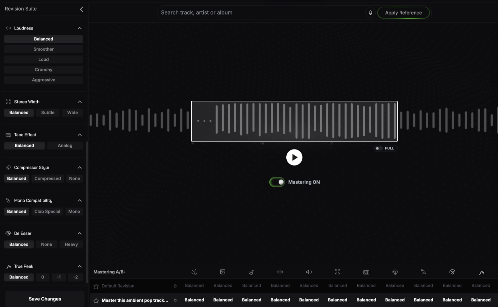 SoundBoost Revision Suite panels for Loudness, Stereo Width, Tape Effect, Compressor Style, Mono Compatibility, De Esser and True Peak