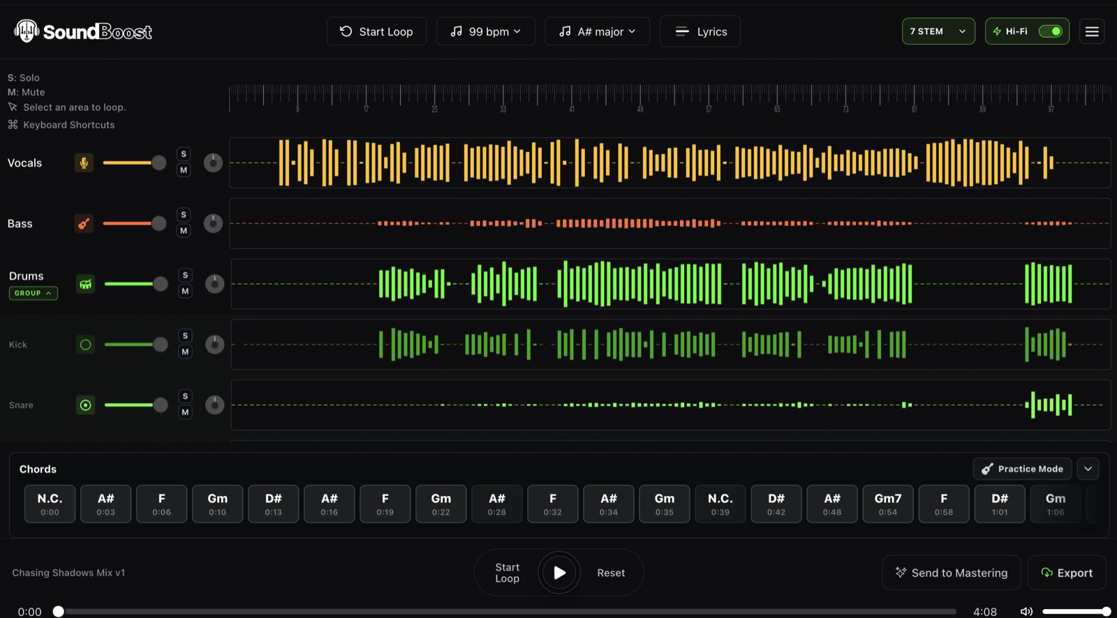 SoundBoost Stem Split Studio with 7 stems, a chord timeline and the Send to Mastering button
