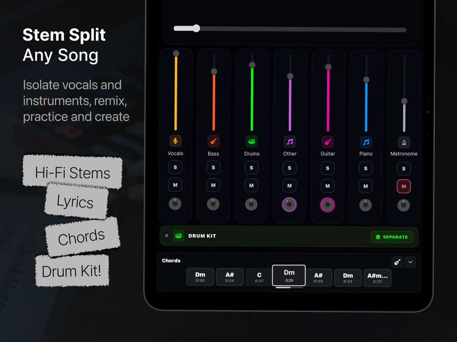 SoundBoost stem splitter with 7 faders, drum kit separation and a detected chords timeline