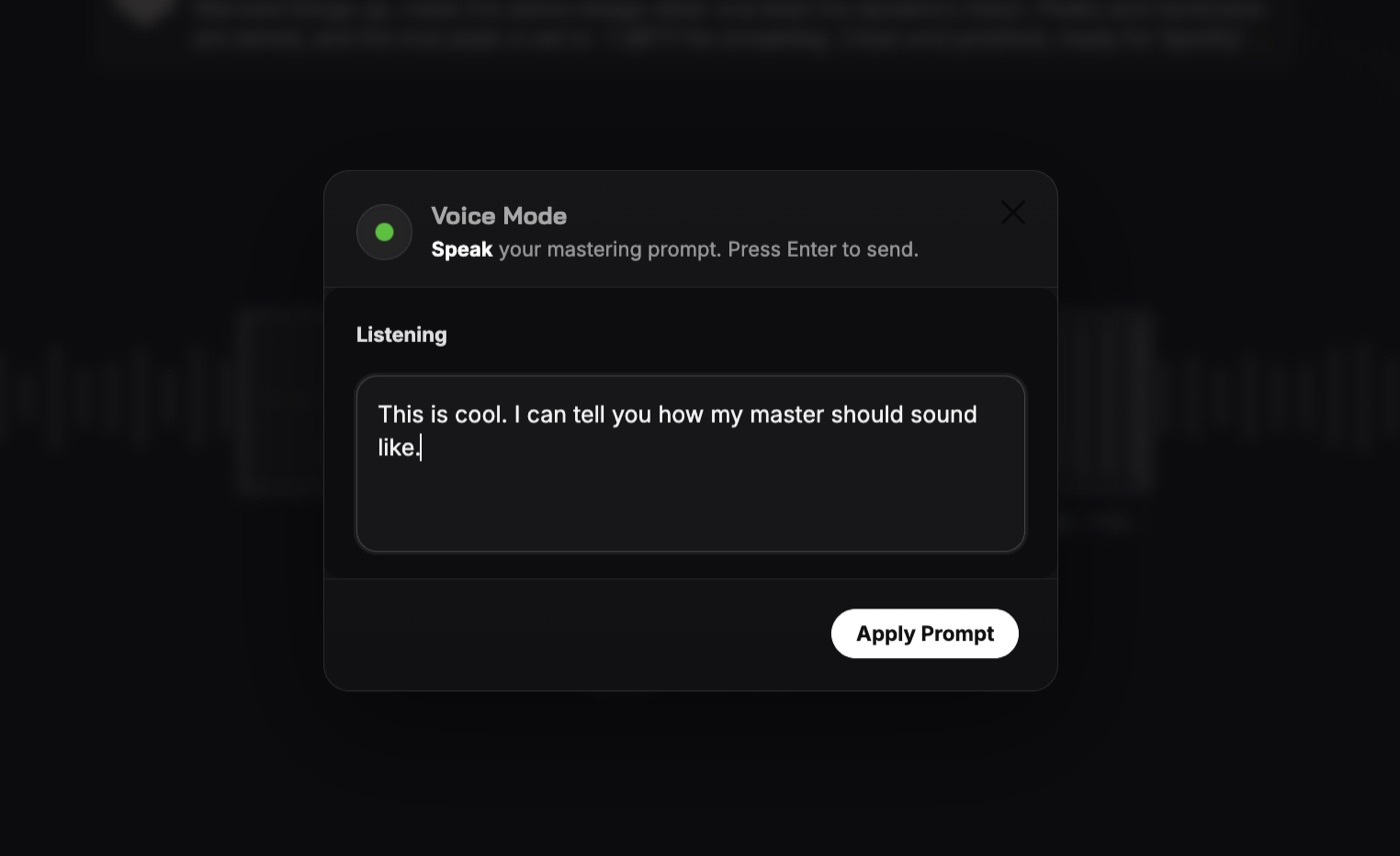 SoundBoost Voice Mode panel listening and transcribing a spoken mastering instruction with an Apply Prompt button
