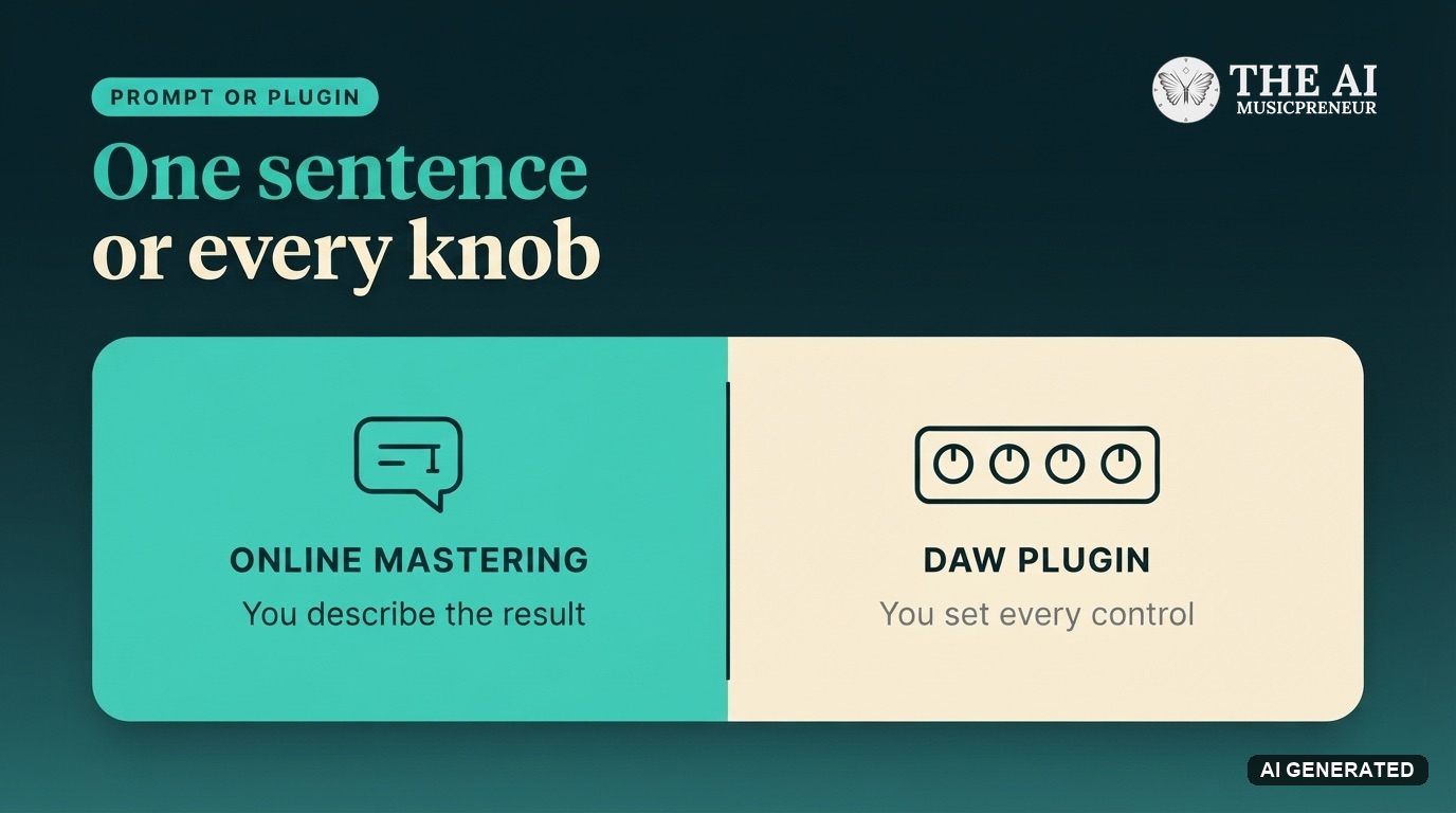 SoundBoost online mastering steered by one sentence, compared with a DAW plugin where you set every control yourself