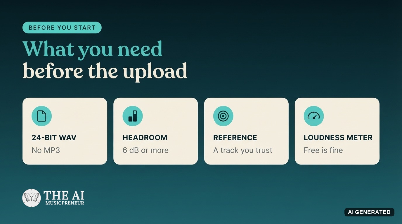 What you need before mastering a song in SoundBoost: a 24-bit WAV, 6 dB of headroom, a reference track and a loudness meter