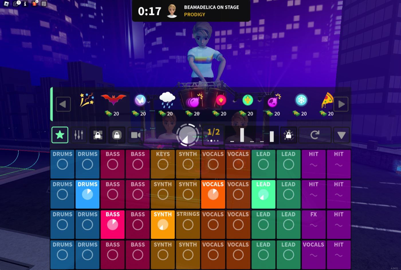 Splash music game in Roblox: an avatar performing on stage above a colorful beat-making launchpad