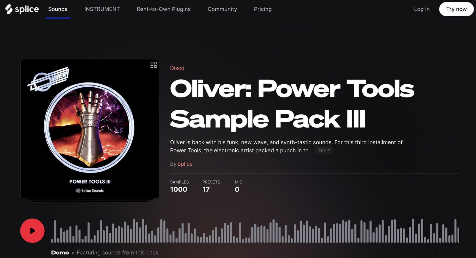 The Splice product page for Oliver: Power Tools Sample Pack III, a disco pack of 1,000 samples and 17 presets, with the demo waveform below