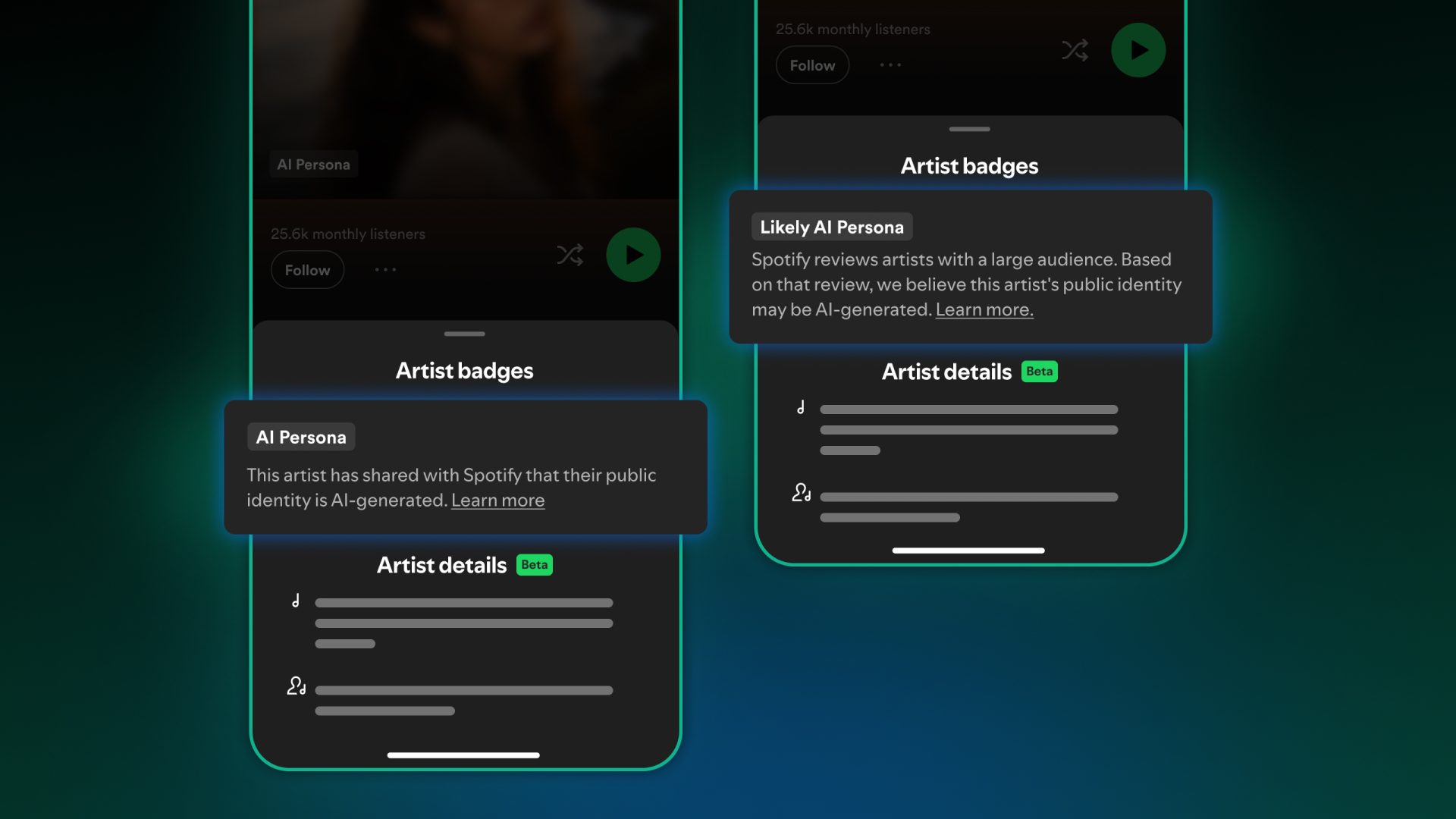Spotify app screens showing the AI Persona and Likely AI Persona artist badges