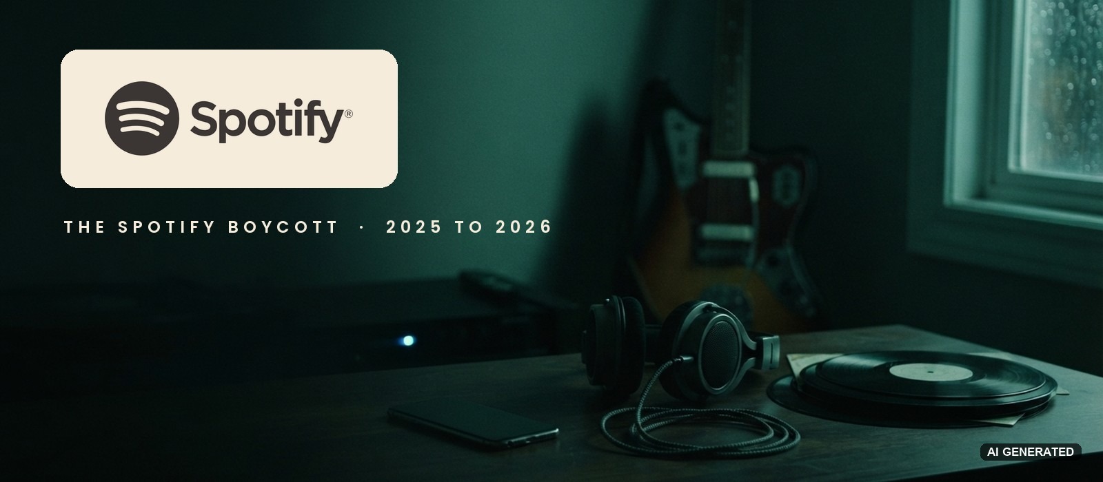 Spotify logo over a dark home studio desk with unplugged headphones, a phone face-down, vinyl records and a guitar