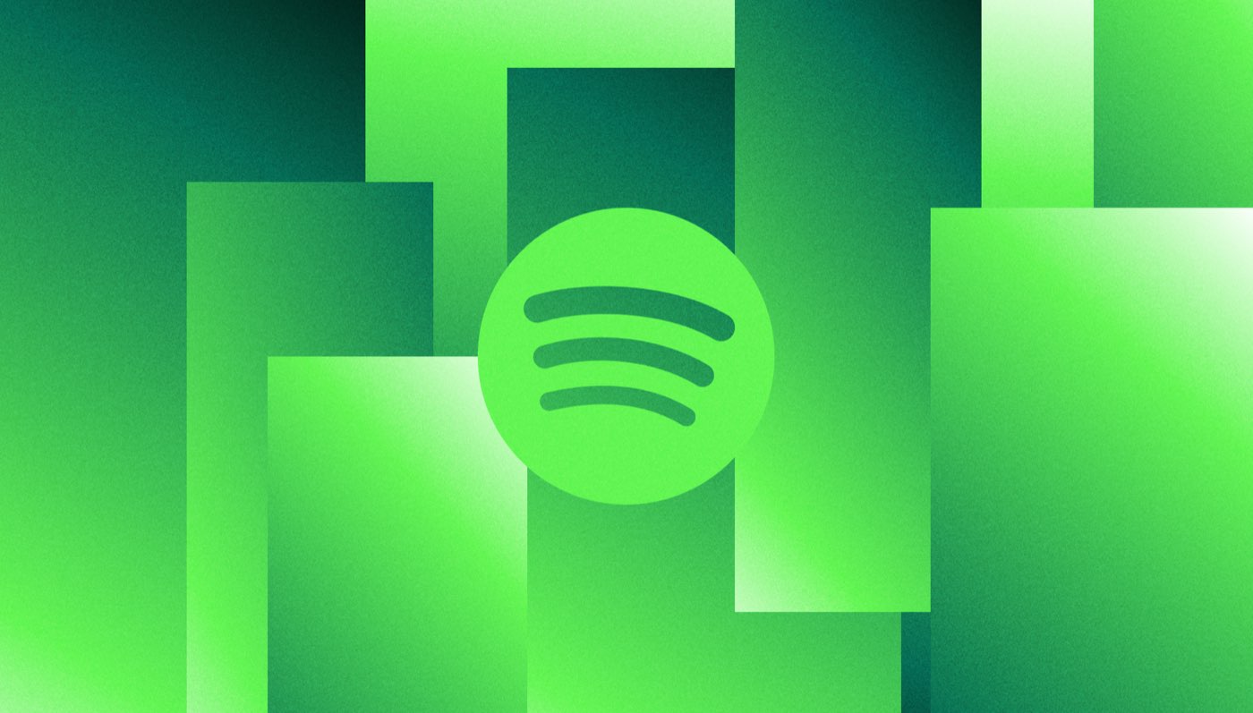 Spotify logo on a green geometric collage from the company's press newsroom
