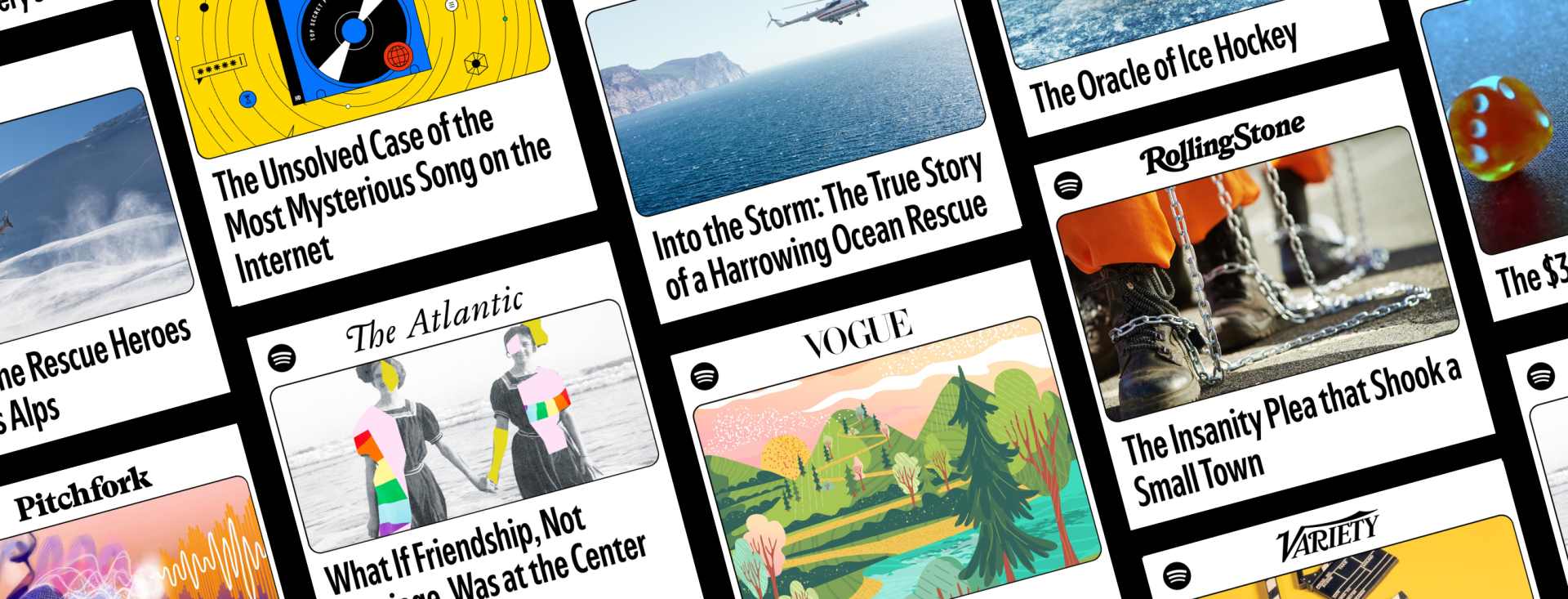 Spotify Articles launch banner showing magazine covers and audio playback controls inside the Spotify app