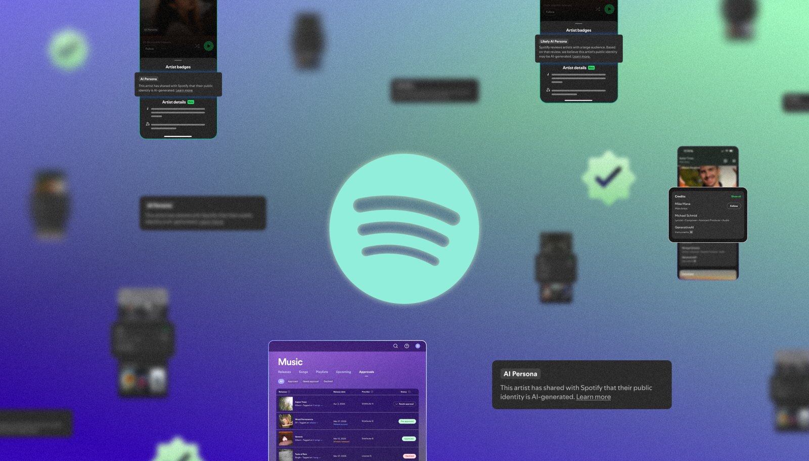 Spotify logo surrounded by app screens showing AI Persona badges, AI credits and artist release approvals