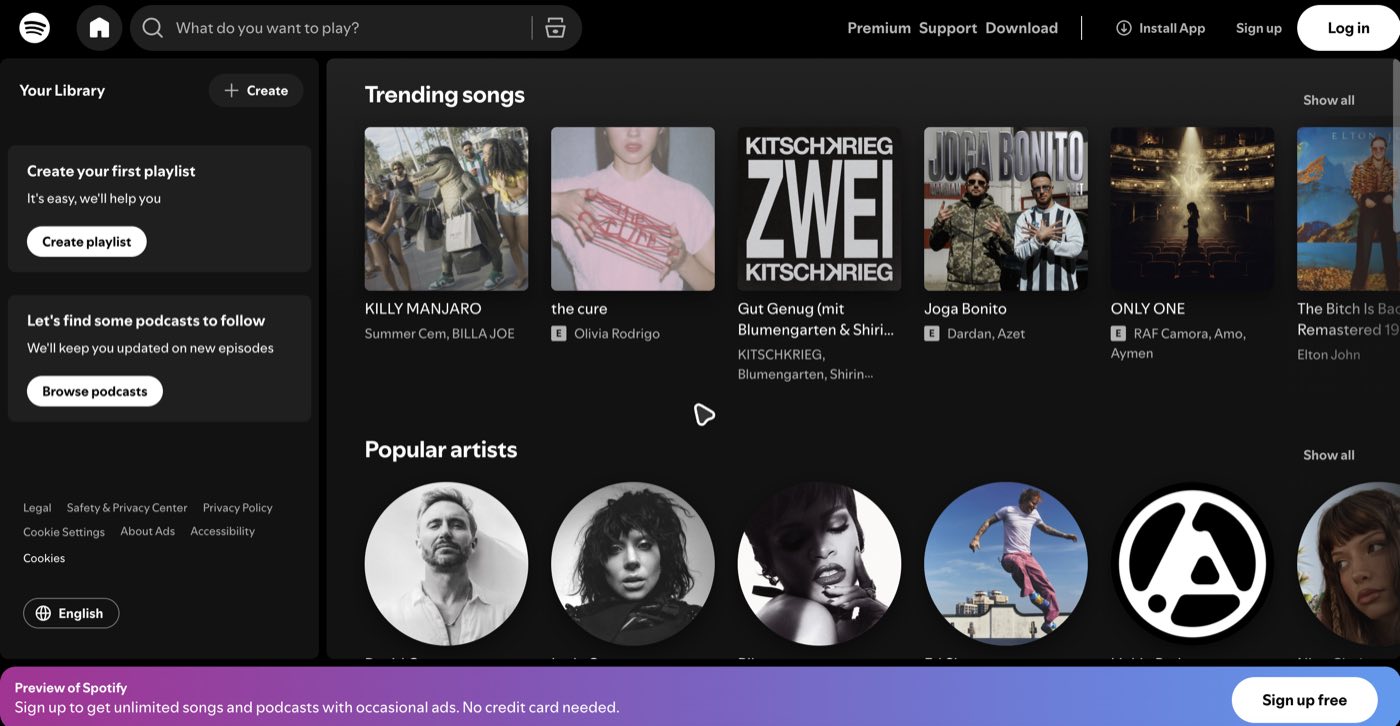 Spotify web player home screen showing Trending songs and Popular artists with the Preview of Spotify sign-up bar