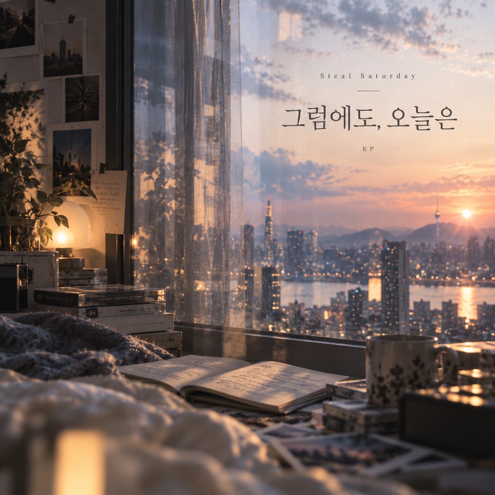 Cover of Steal Saturday's EP Even So, Today, a bedroom window over a city at sunset
