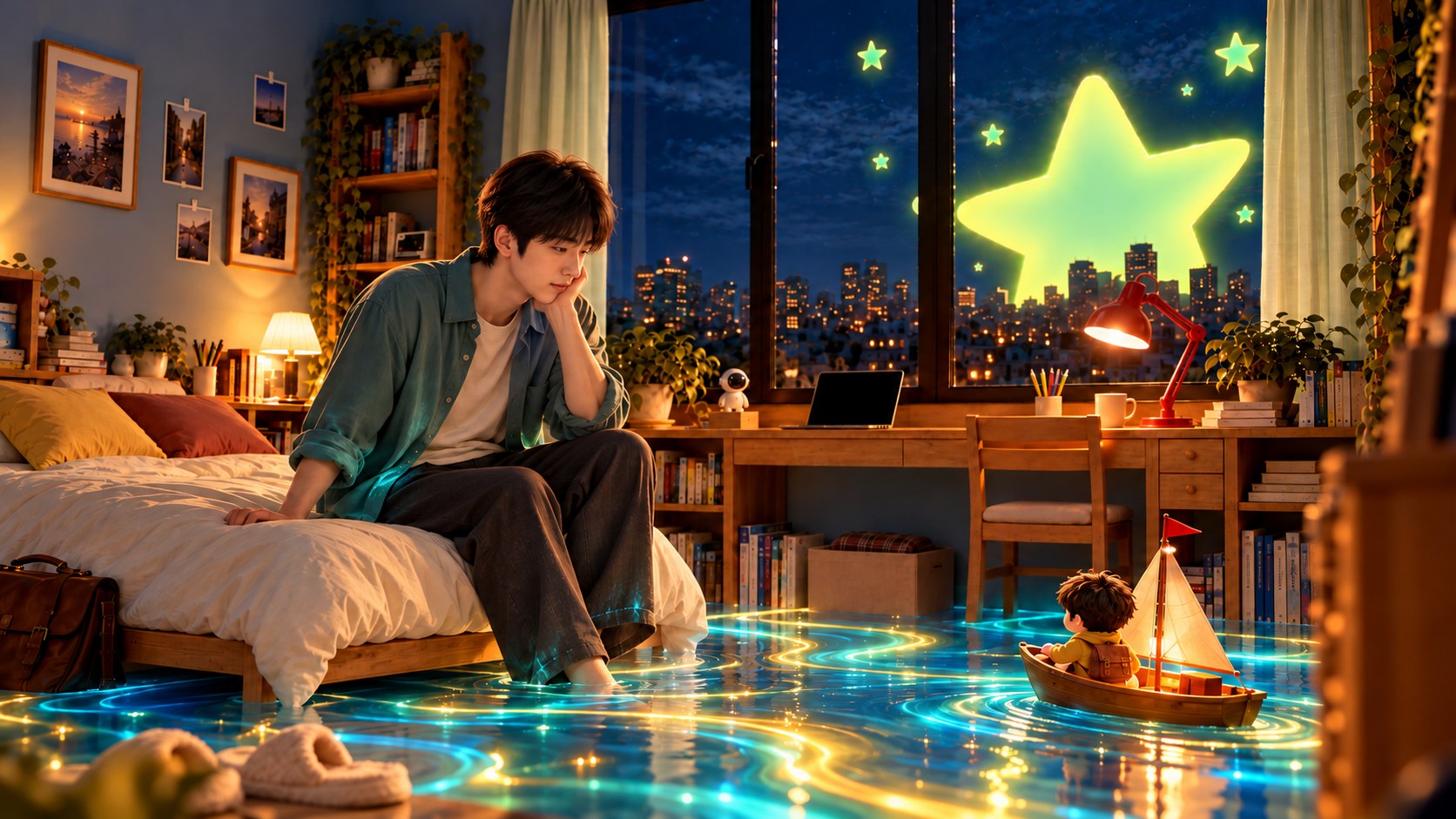 Still from Steal Saturday's Shape of a Dream video, a young man on his bed as his room floods with light