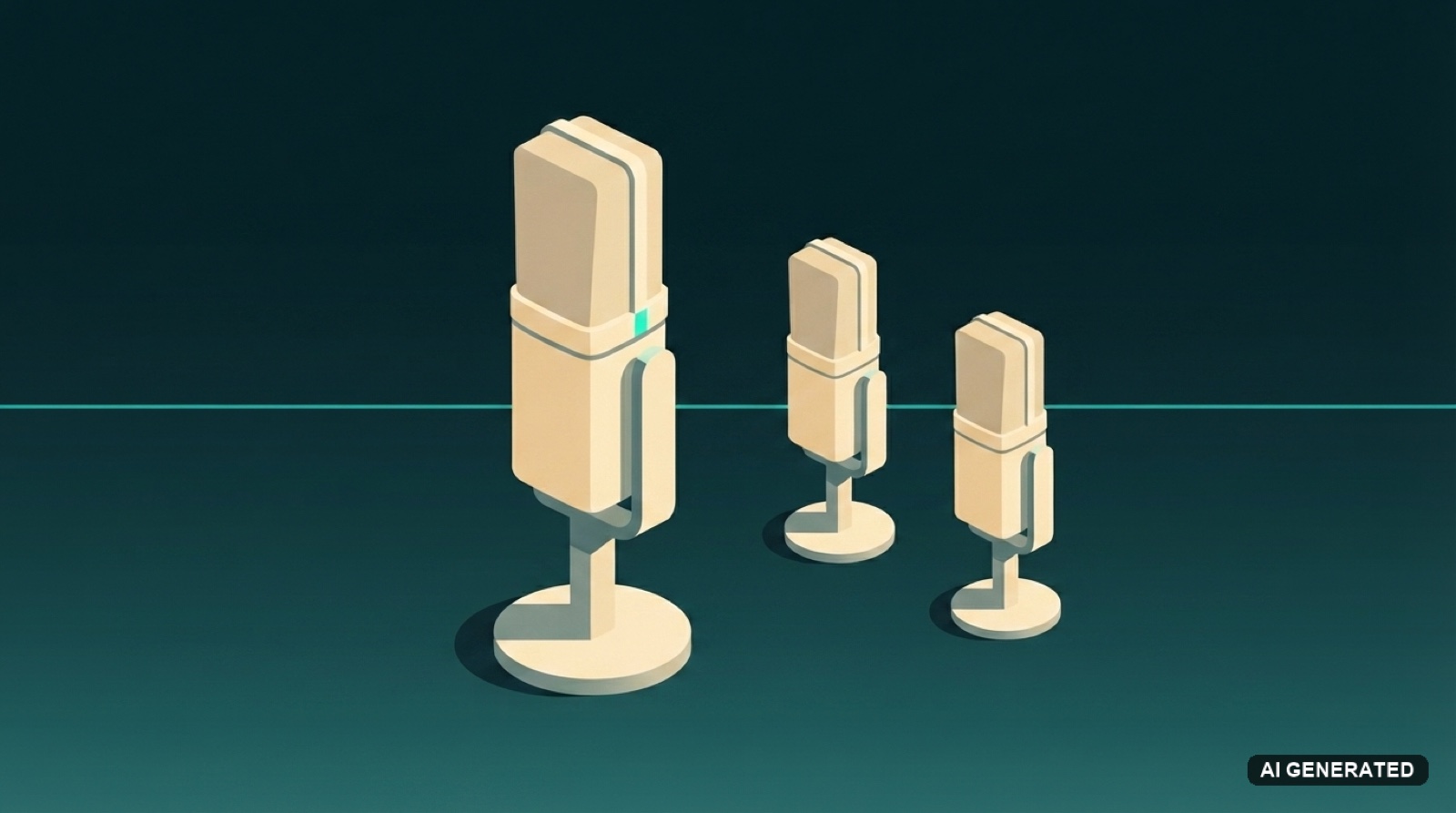 One tall studio microphone in front and two smaller microphones behind it, drawn in cream on a dark teal canvas, standing for lead and backing vocal stems.