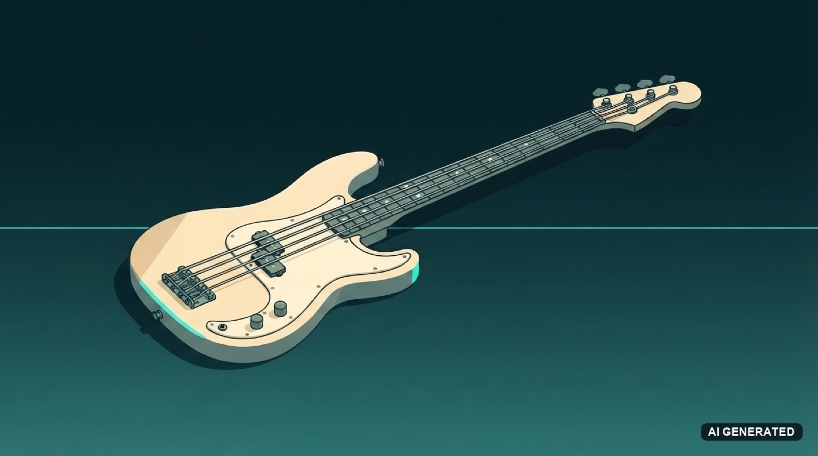 A four-string electric bass lying flat with its neck running to the upper right, drawn in cream on a dark teal canvas, standing for the bass stem.