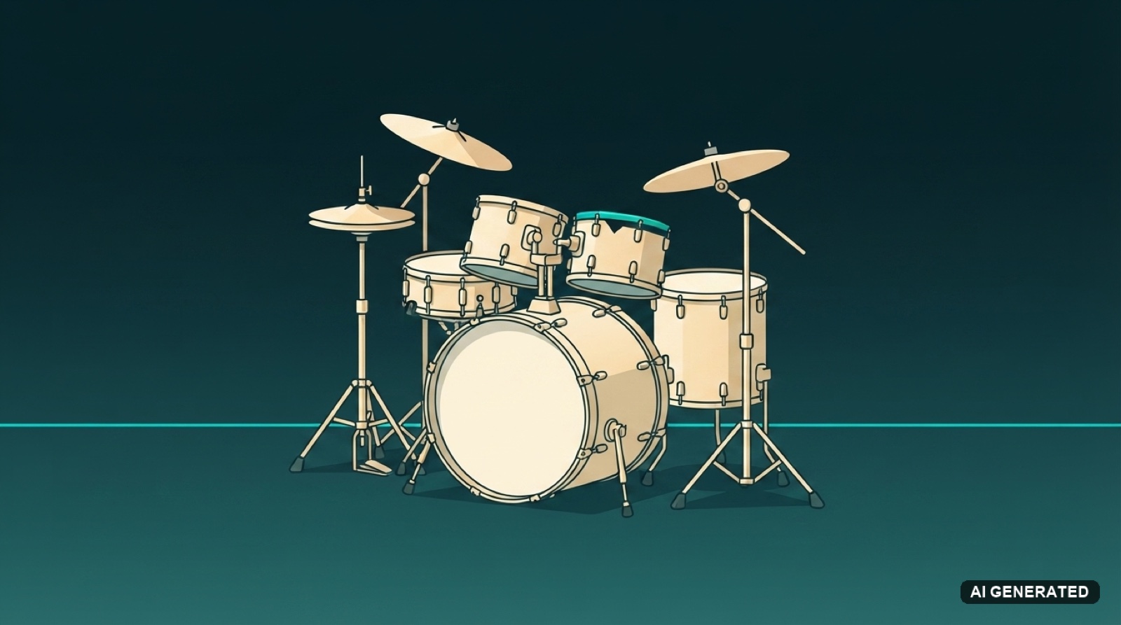 A full drum kit with kick, snare, toms, hi-hat and cymbals, drawn in cream on a dark teal canvas, standing for the drum stem.