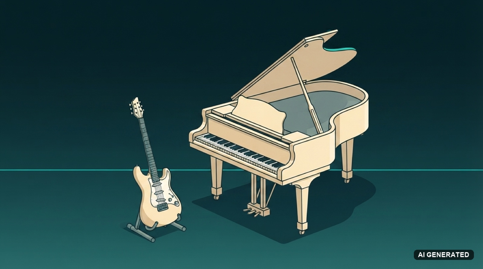 A grand piano with its lid open beside an electric guitar on a stand, drawn in cream on a dark teal canvas, standing for the guitar and piano stems.