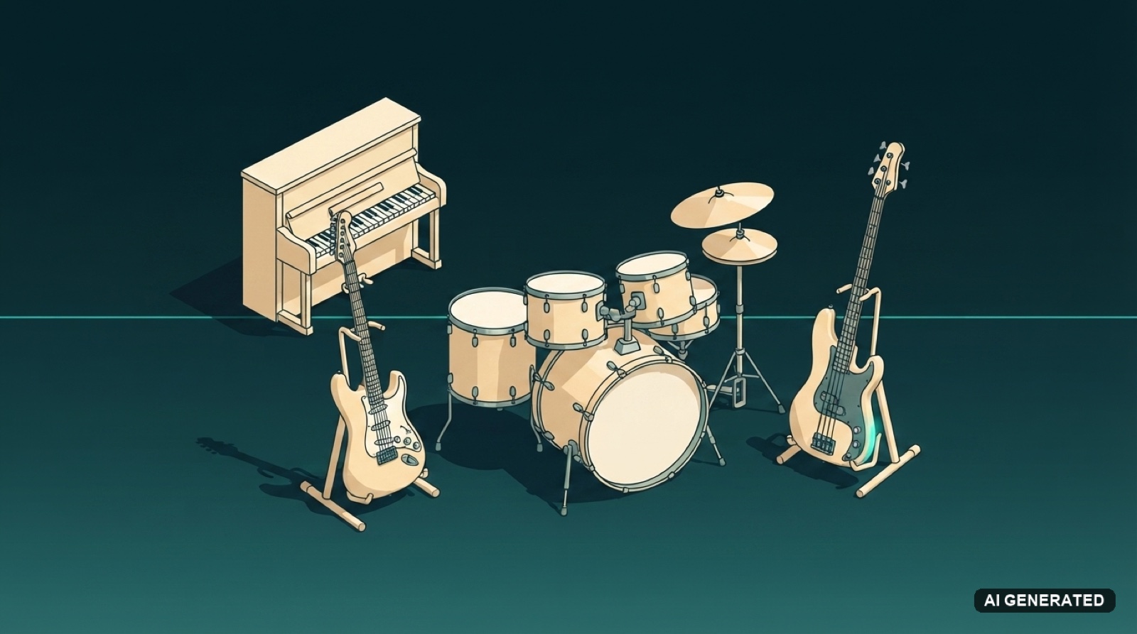 An upright piano, a drum kit, an electric guitar and an electric bass grouped together with no microphone, drawn in cream on a dark teal canvas, standing for the instrumental stem.