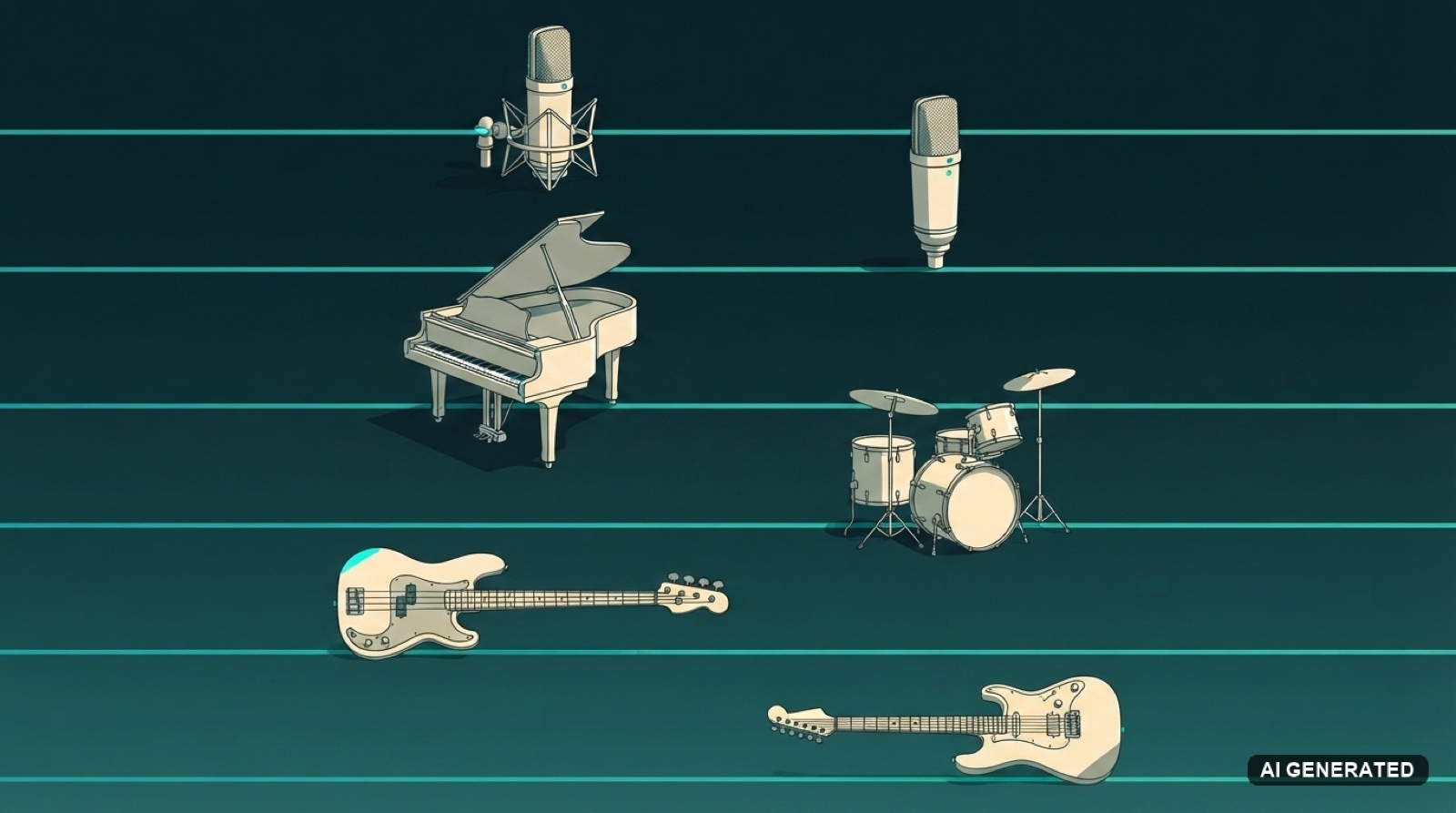 Six instruments arranged one per track lane on a dark teal canvas: two studio condenser microphones, a grand piano, a drum kit, an electric bass and an electric guitar, illustrating how a song separates into one stem per instrument.