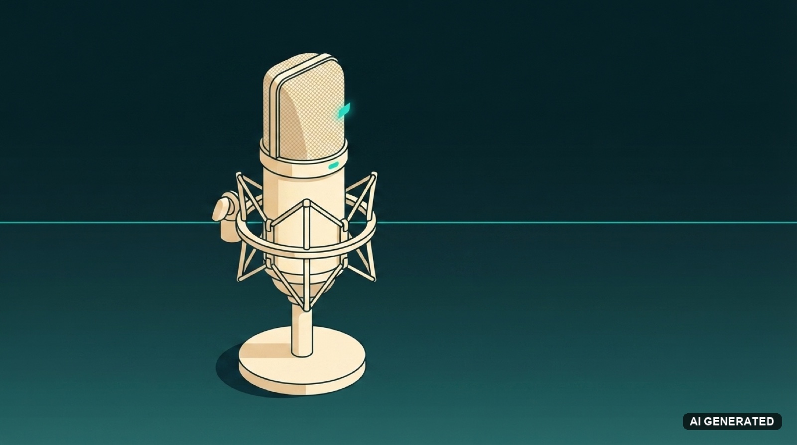 A single studio condenser microphone in a shock mount on a desk stand, drawn in cream on a dark teal canvas, standing for the lead vocal stem.