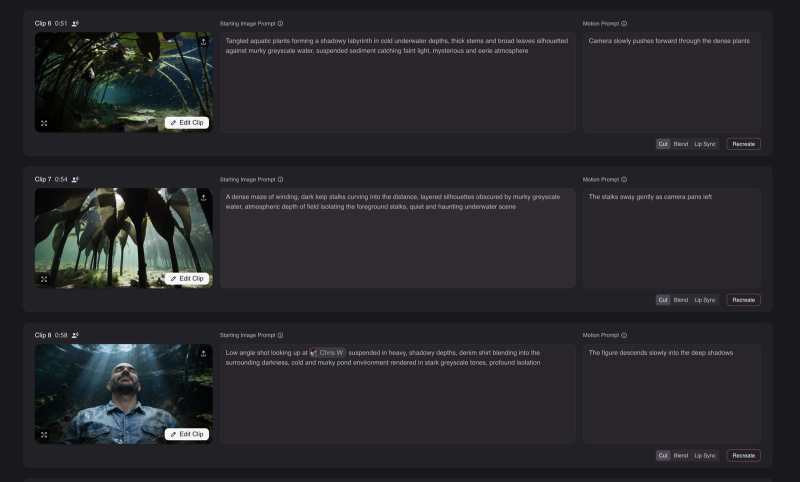 Neural Frames storyboard clips with a starting image prompt and motion prompt for each underwater scene