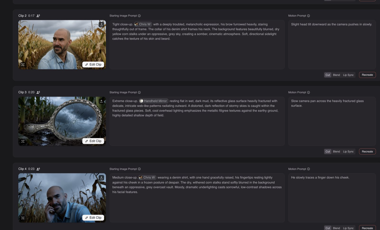 Neural Frames scene-by-scene clips for Chasing Shadows with starting image and motion prompts
