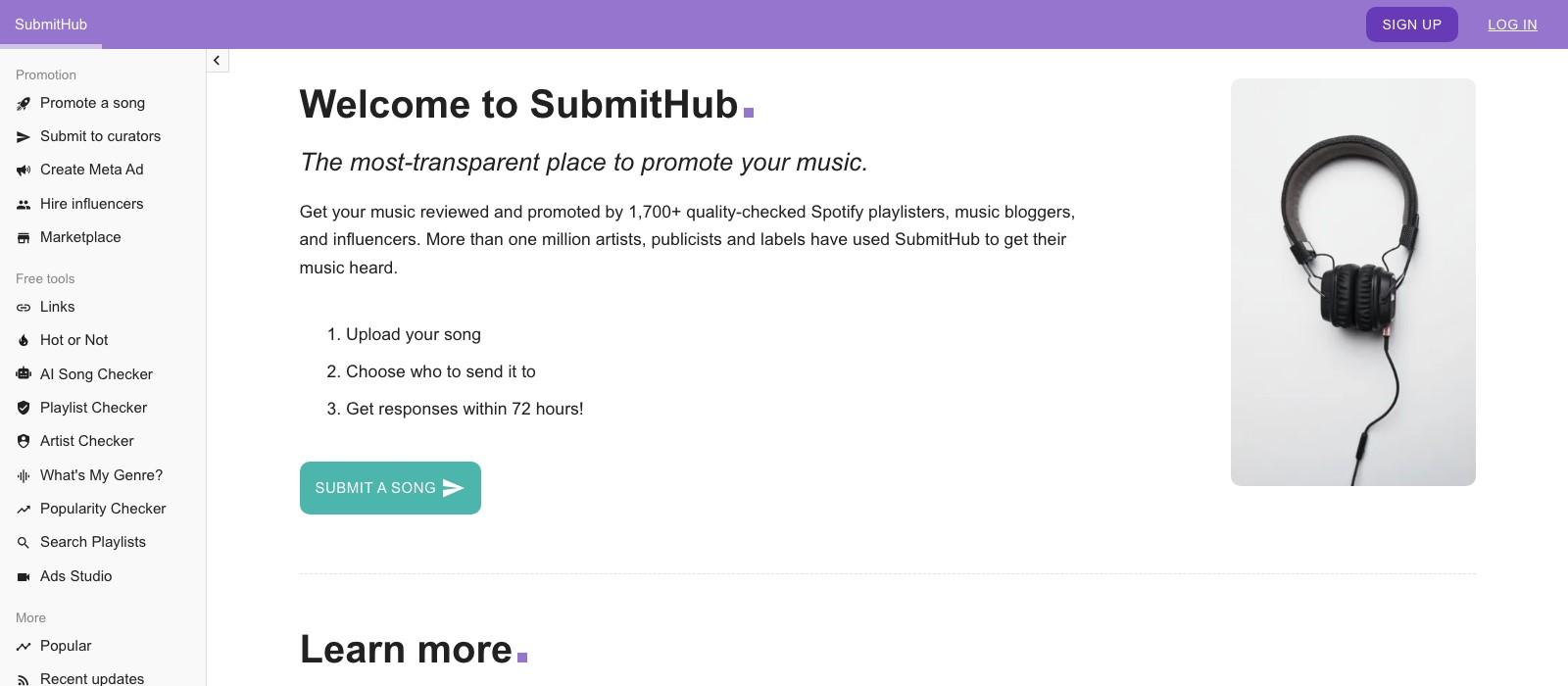 SubmitHub homepage showing the song submission pitch and an AI Song Checker link in the sidebar