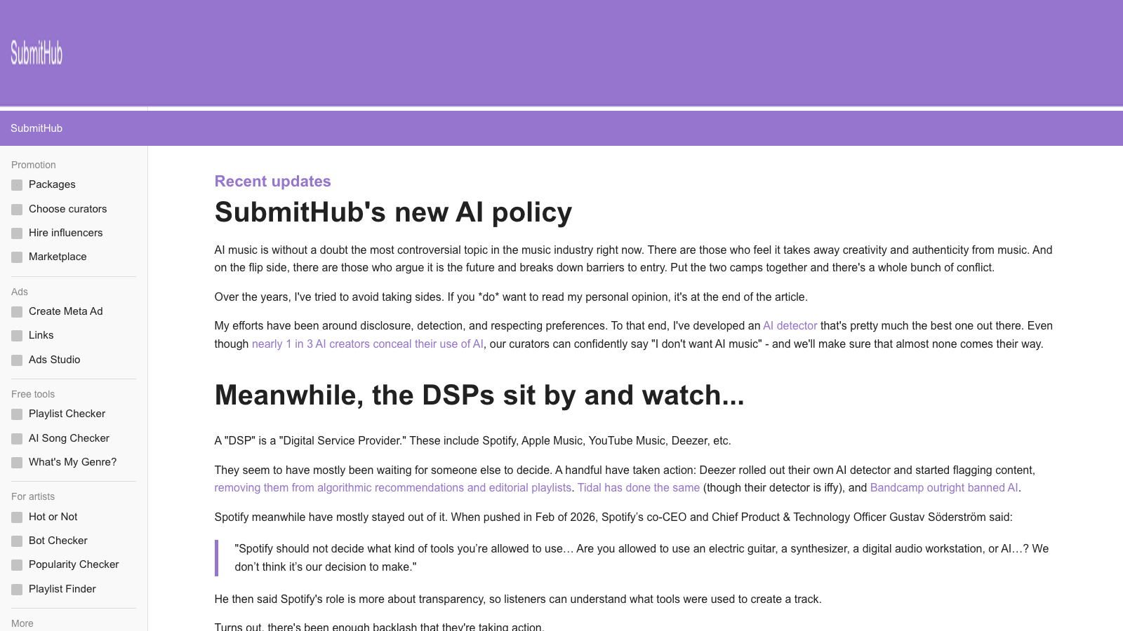 SubmitHub's new AI policy page explaining why the platform is blocking pure AI submissions
