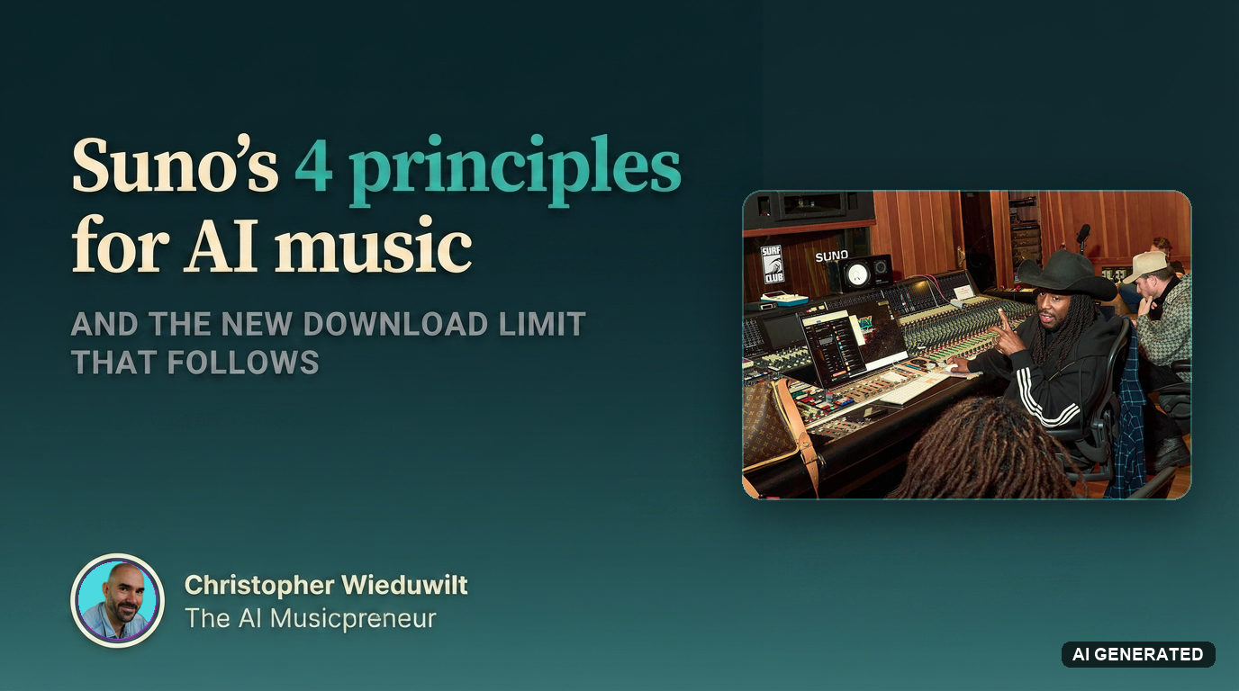 Studio session at a Suno writing camp, headline card for Suno's 4 AI music principles