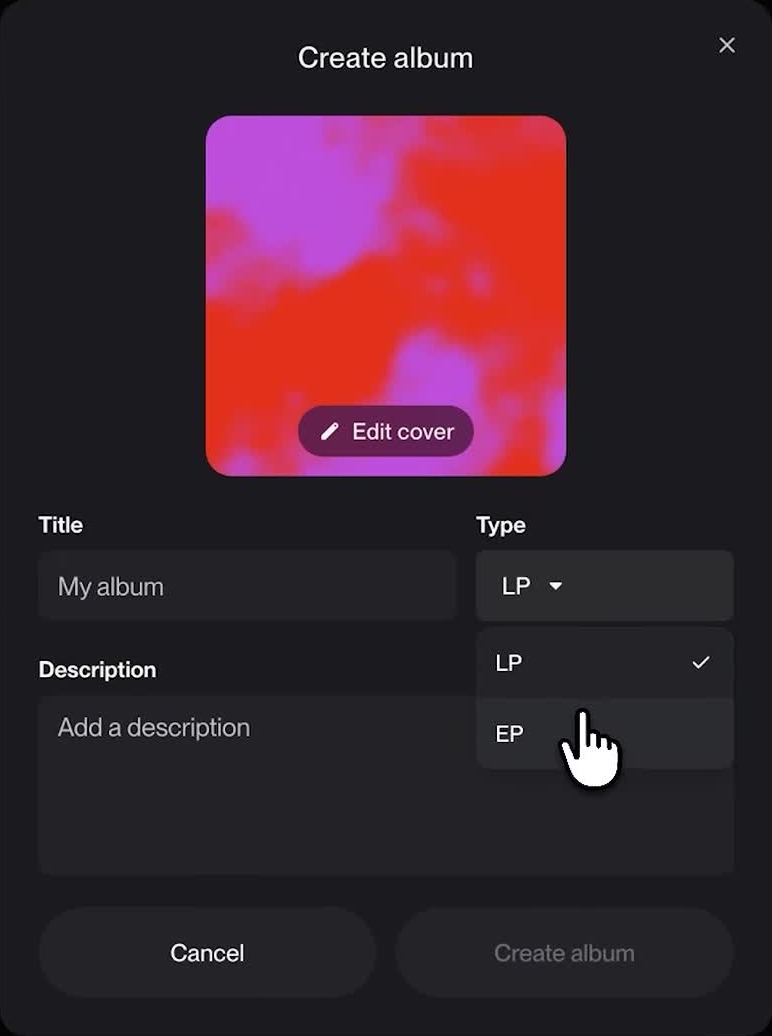 Suno's Create album window with cover art, title, description and the LP or EP type menu