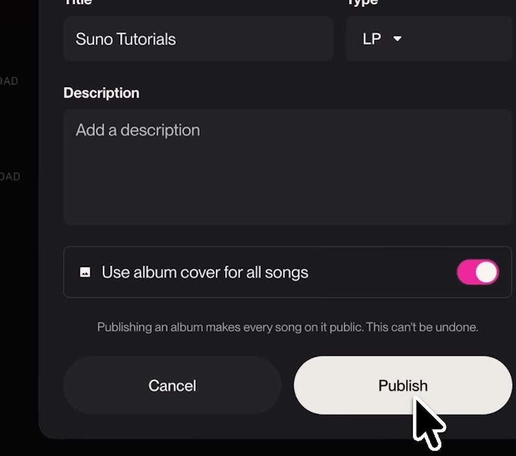 Suno's Publish album window with the Use album cover for all songs switch and the public-songs warning