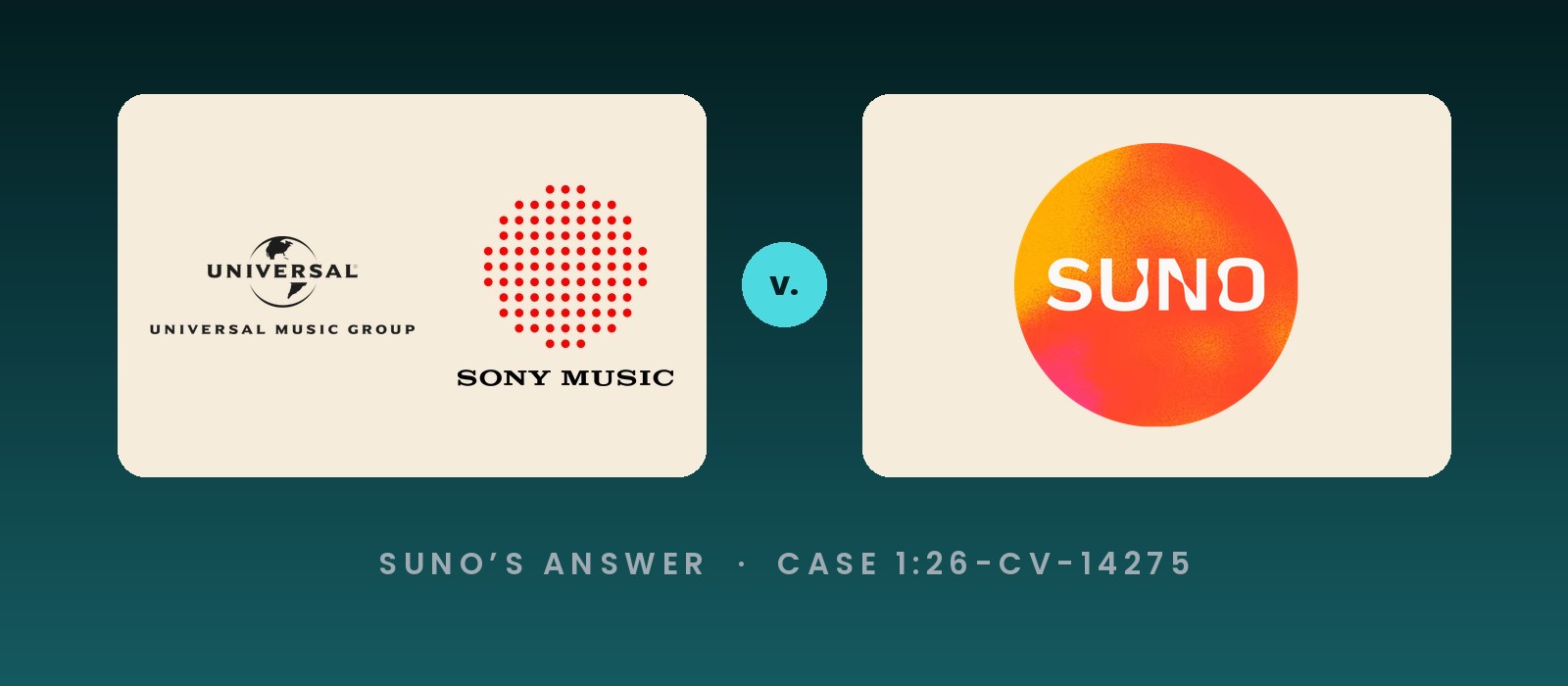 Universal Music Group and Sony Music logos facing the Suno app icon across a v. mark, for Suno's answer