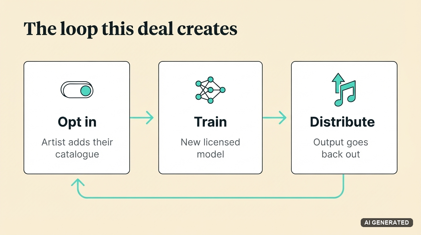Diagram showing Believe and TuneCore artists opting in, their catalogue training Suno's new licensed model, and the output distributing back out