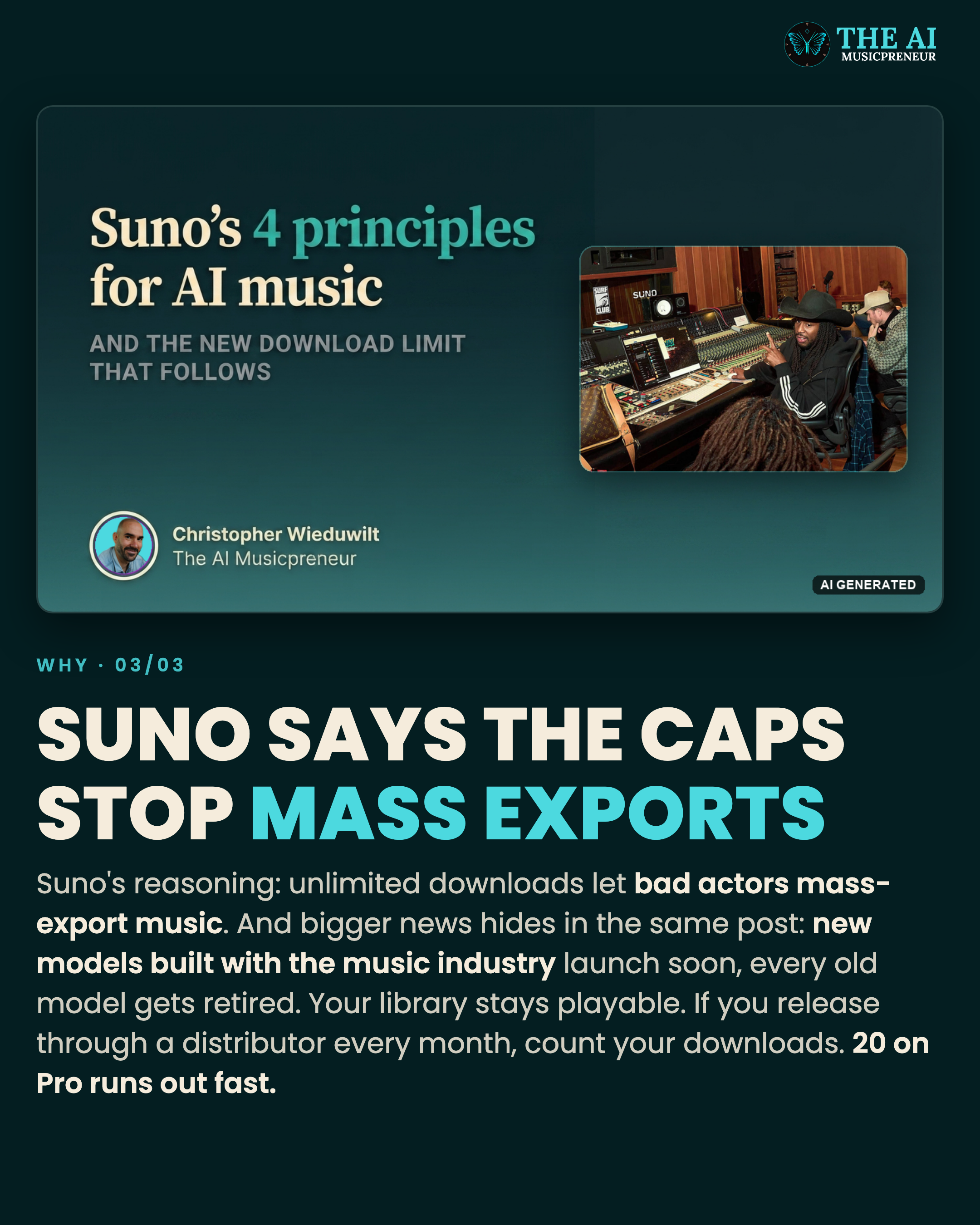 Carousel slide on Suno's reasoning for the download caps, stopping mass exports of AI music