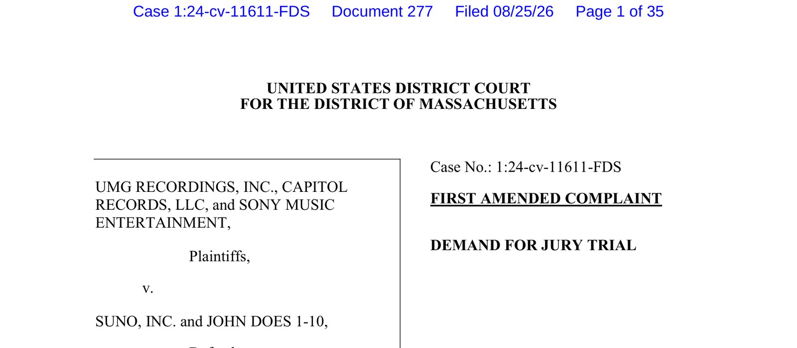 Caption page of the First Amended Complaint in UMG Recordings v. Suno, filed August 25, 2026 in the District of Massachusetts