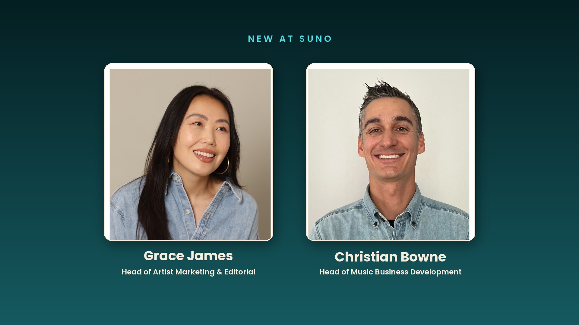 Headshots of Grace James and Christian Bowne side by side, Suno's new marketing and business development leads