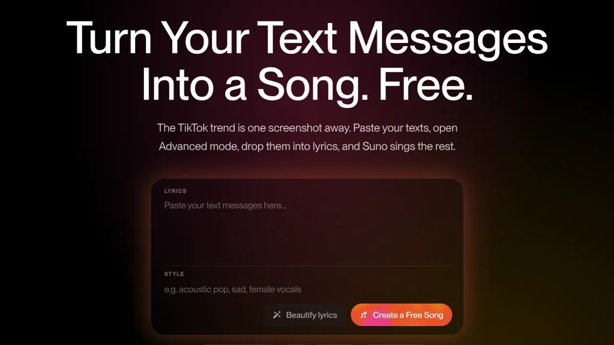 Suno promo screen reading Turn Your Text Messages Into a Song, showing the lyrics and style input for its text-to-song feature
