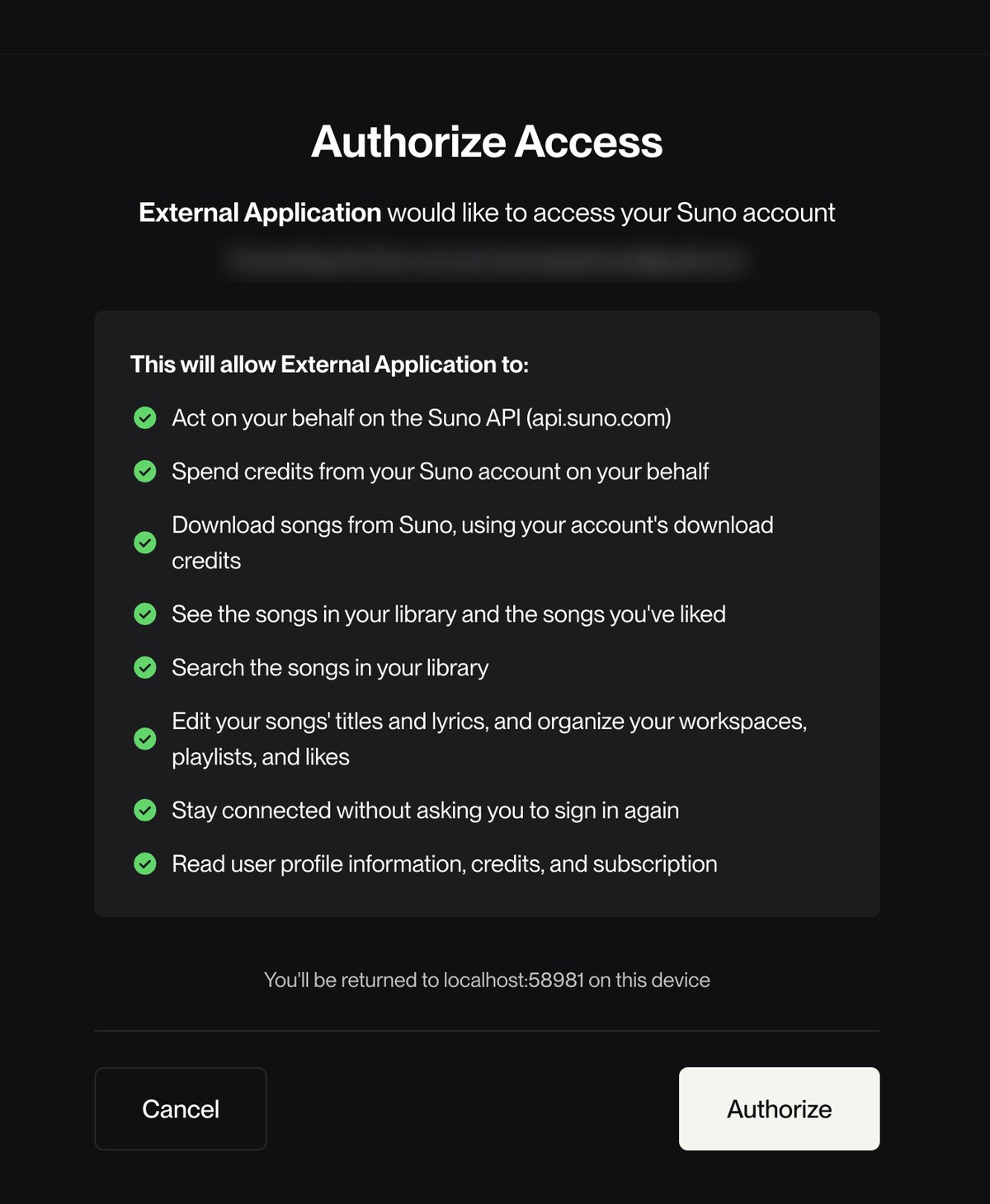 Suno Authorize Access page listing 8 permissions for Suno MCP, including spending credits and downloading songs