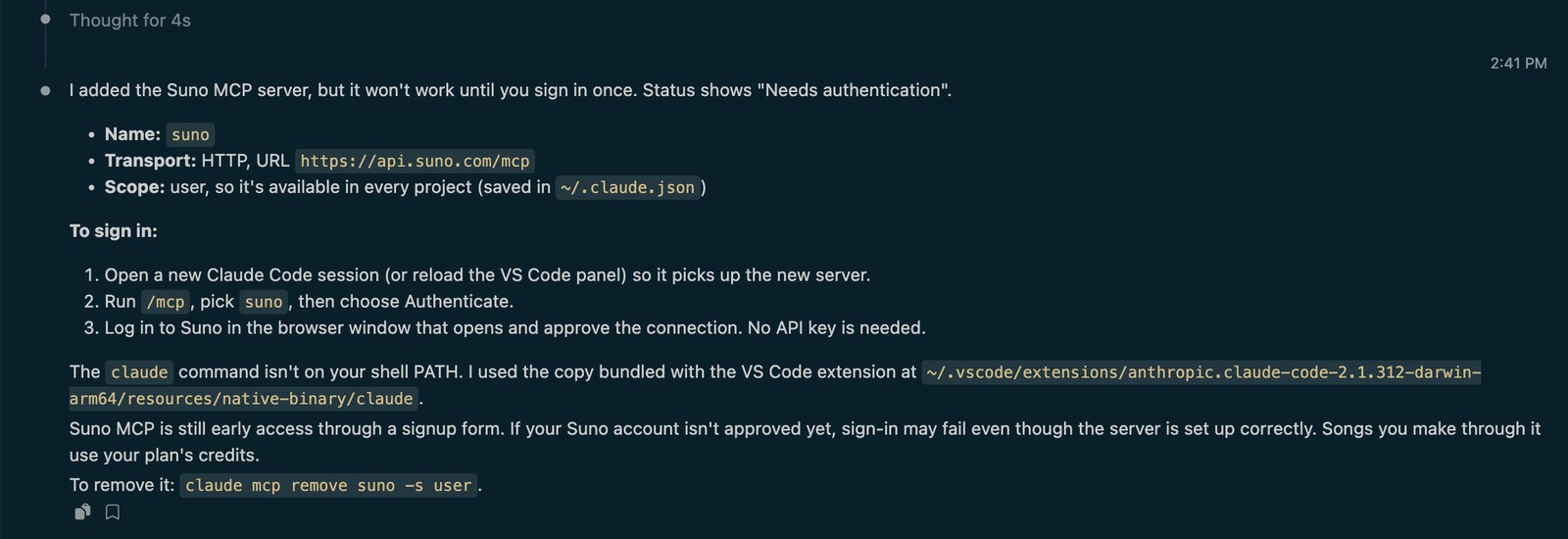 Claude Code in VS Code confirming it added the Suno MCP server, with the status Needs authentication and sign-in steps