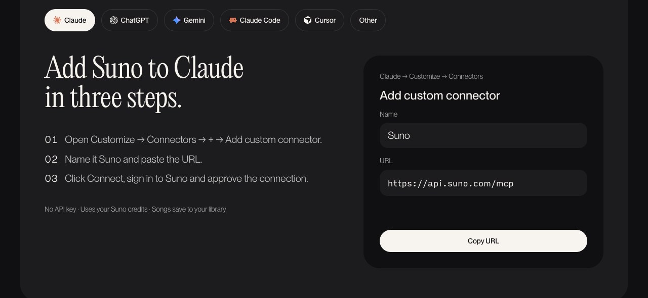 Suno's setup steps for adding Suno MCP to Claude as a custom connector with the api.suno.com/mcp URL