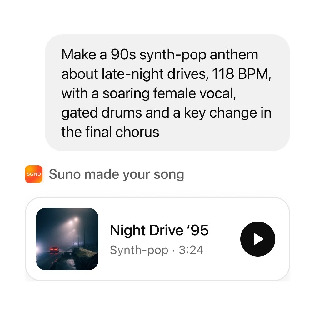 Suno MCP example in a chat: a 90s synth-pop prompt and the finished song Night Drive '95