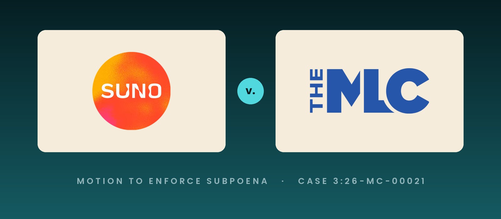 Suno's orange app icon facing The MLC logo across a v. mark