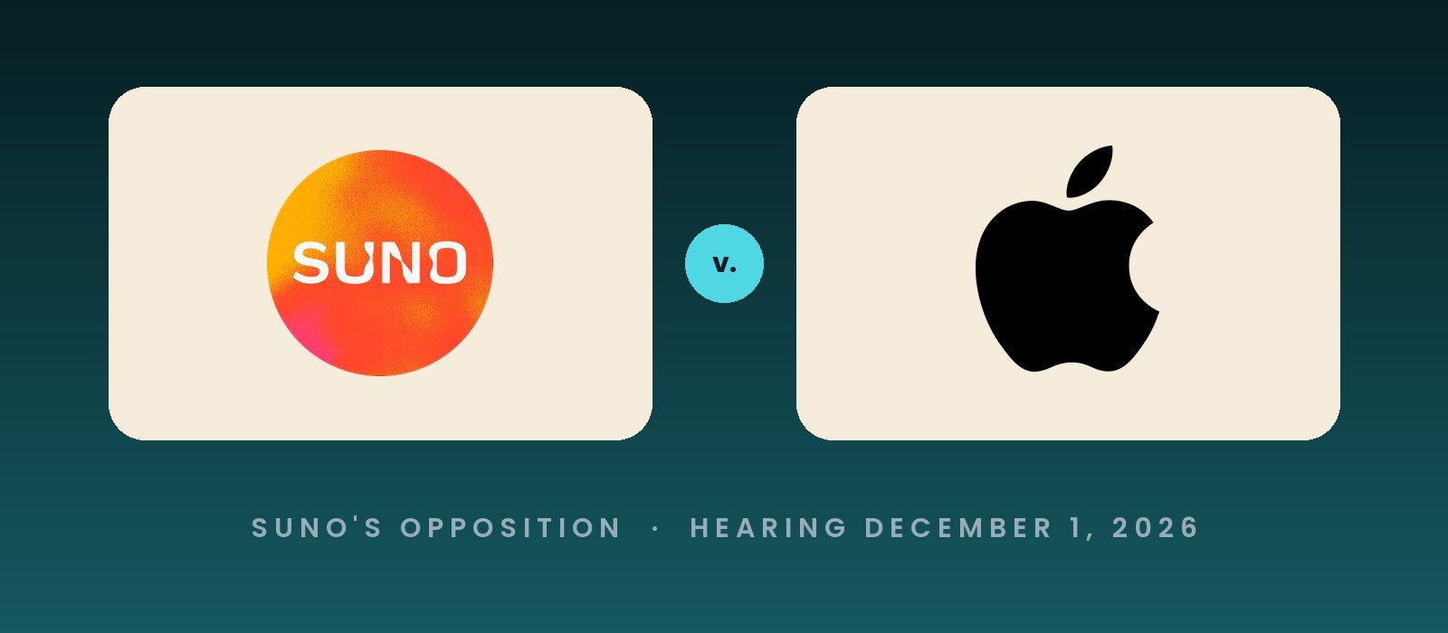Suno logo facing the Apple logo across a v. mark, for Suno's opposition to Apple's motion to quash
