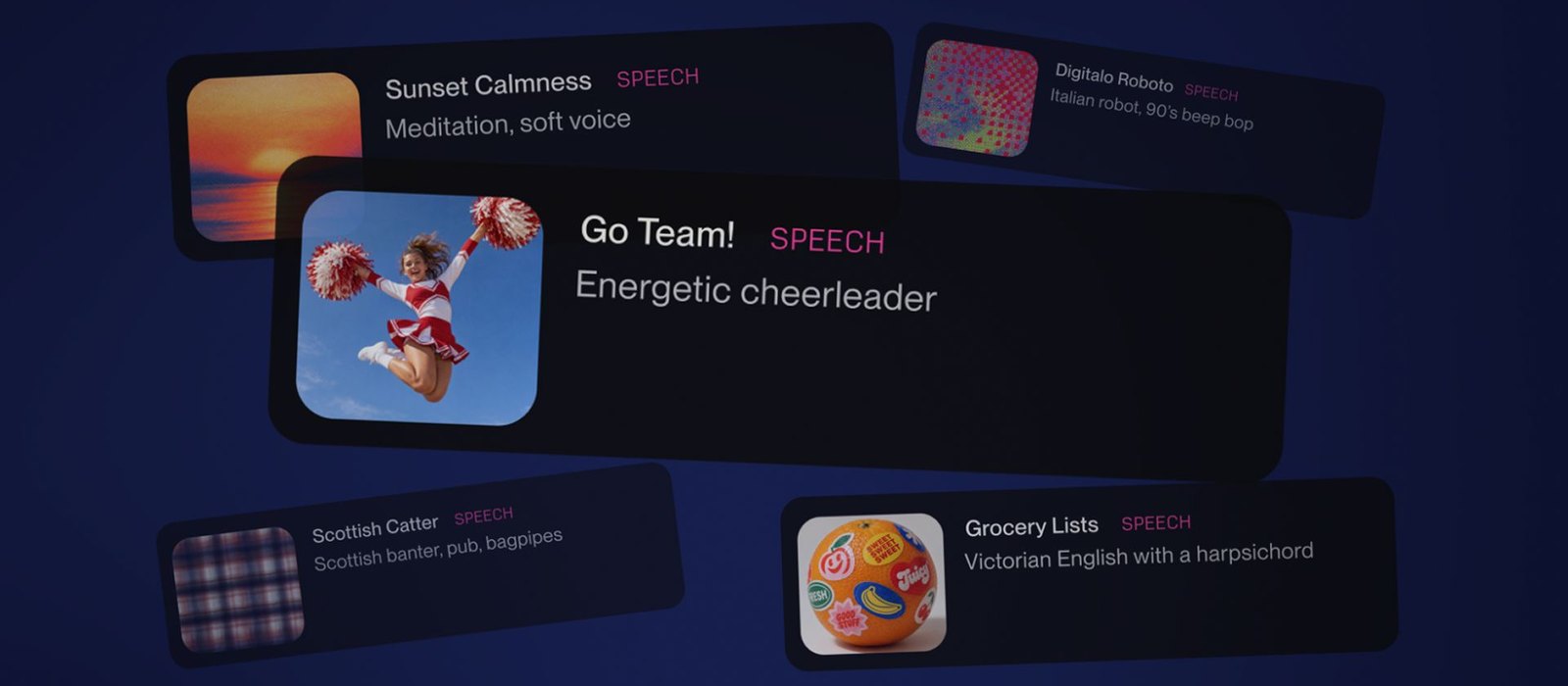 Suno Speech launch graphic with prompt cards such as Energetic cheerleader and Victorian English with a harpsichord