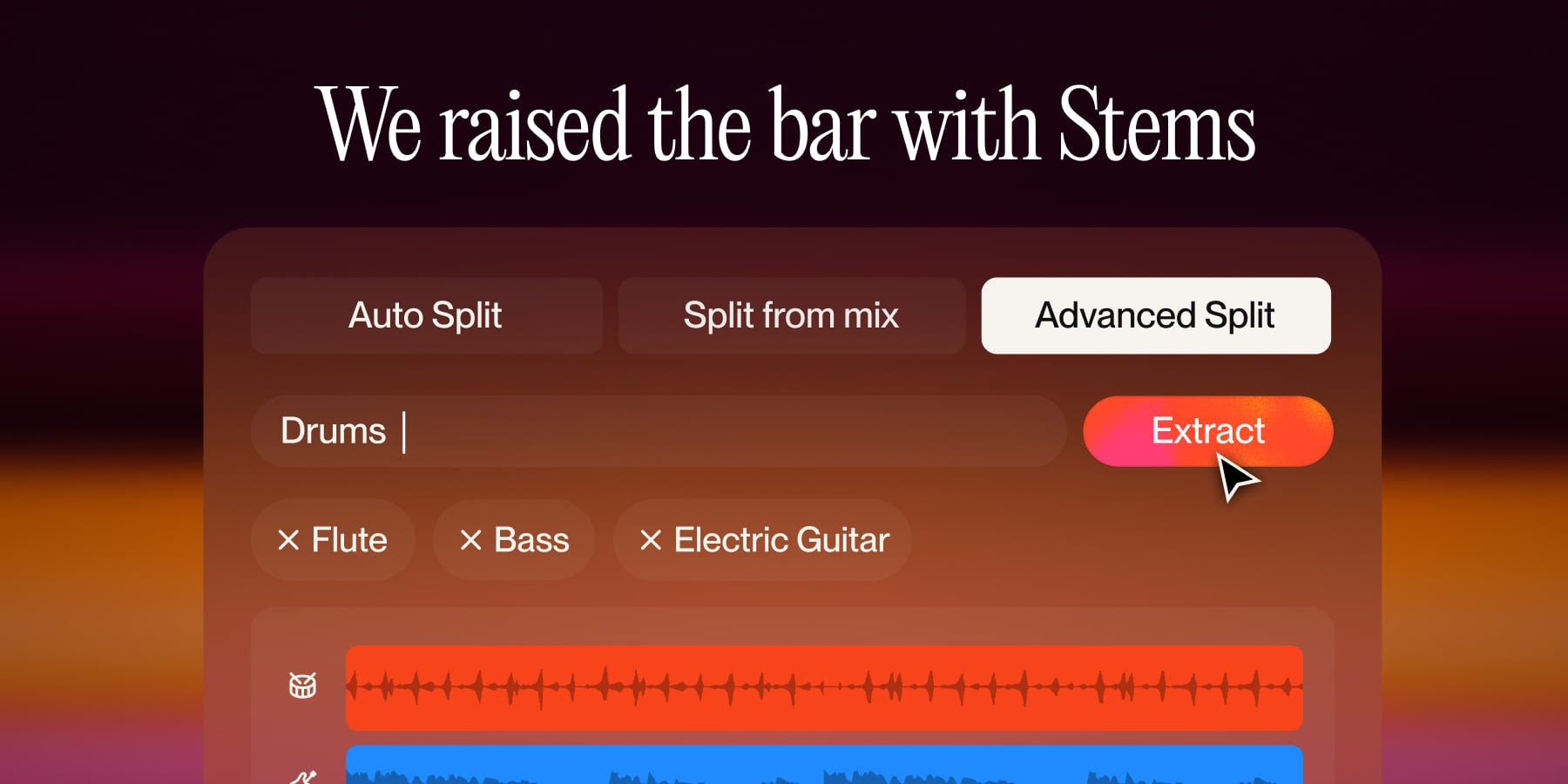 Suno Stems panel showing Auto Split, Split from Mix, and Advanced Split modes, with Advanced Split selected