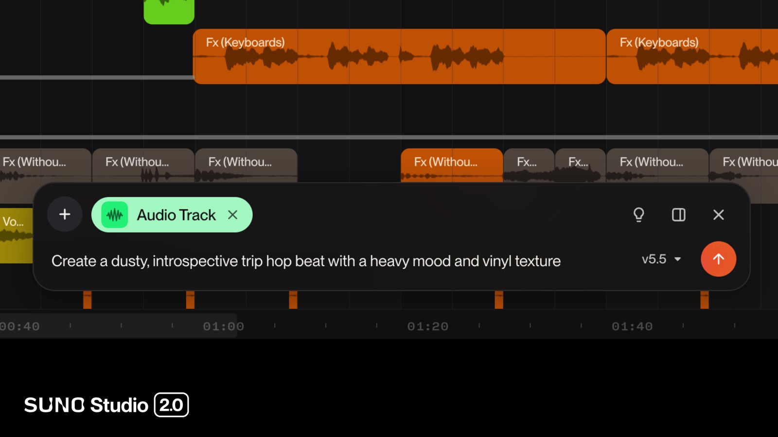 Suno Studio 2.0 chat bar aimed at an audio track with a typed prompt for a dusty trip hop beat and the v5.5 model selected