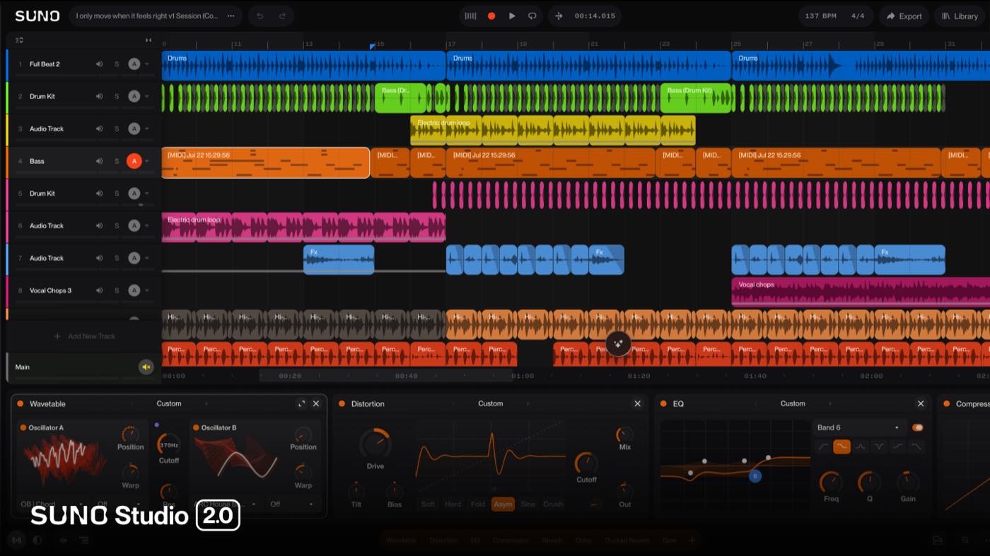 Suno Studio 2.0 window with eight tracks on the timeline and the effects rack open along the bottom of the screen