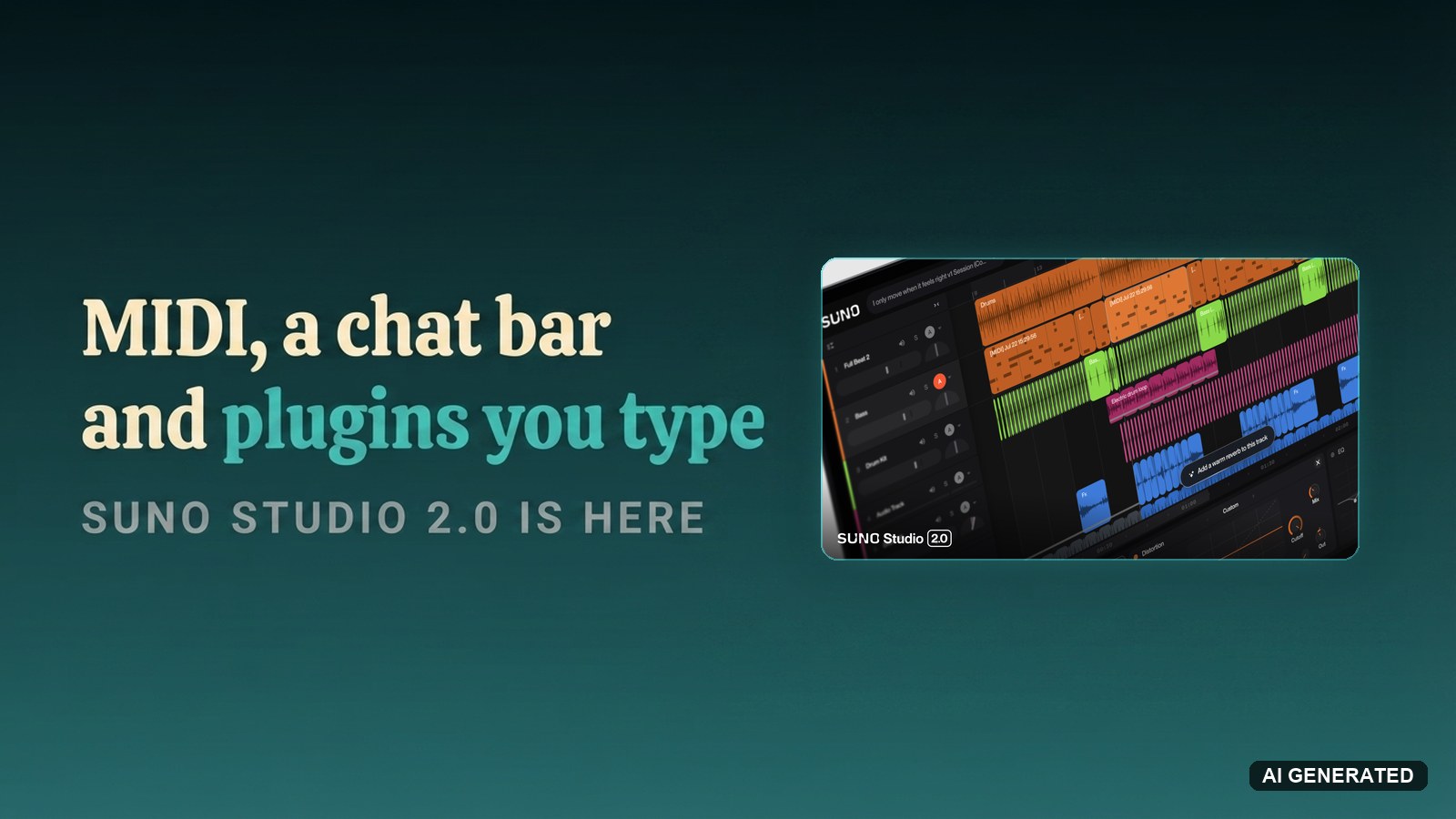 Suno Studio 2.0 timeline on a laptop with coloured audio and MIDI clips and a chat bar asking for a warm reverb