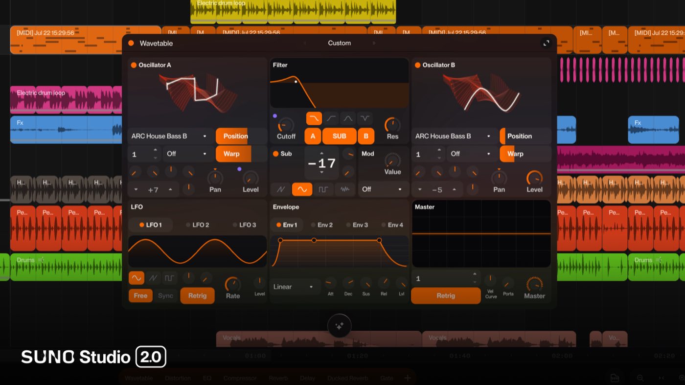 Suno Studio 2.0 wavetable synth panel with two oscillators, a filter section, sub oscillator, LFO and envelope controls